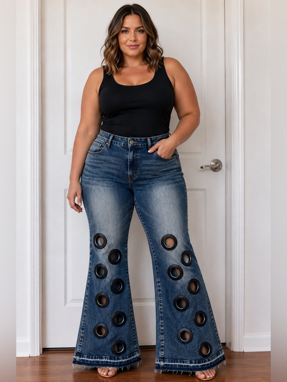 Upcycled High-Waist Flared Grommet Jeans size 14